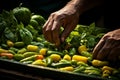 Local farmers selling fresh organic fruits and vegetables at vibrant outdoor market Royalty Free Stock Photo