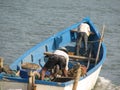 Fishing boats lined along the shore. India, Karnataka