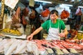 A local fishmonger selling a variety of fresh fish and bullfrogs. Wan Chai, HK.