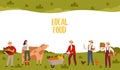 Local Food Banner with Farmers Harvesting Crops and Livestock Breeding Vector Illustration