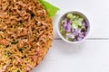 Local food Chiang Khan. Top view of fry shredded shrimp on a tray with dipping sauce on a white wooden table. soft selected focus Royalty Free Stock Photo