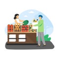 Local food market. Man, ecologist buying organic fruits and vegetables at farmers market, flat vector illustration.