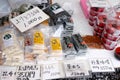 Local food and pickles are sold at Takayama Jinya-mae morning market, Takayama, Japan.