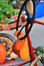 Local fruit shop, dealer in Princeton, British Columbia. Nice decoration with pumpkin, groud, fruits on Vintage tractor, Classic c Royalty Free Stock Photo