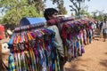 A local garment seller sells colorful garments in a local fair