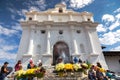 Local People Selling Yellow Flowers Roman Catholic Church Chichicastenango Market Day Guatemala