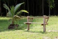 Local hand made wooden benches in the garden.