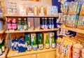 Local japanese sake in green bottles on shelves