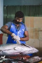 Local Maldivian Fisherman butcher a Big Tuna Fish on the Central Market of Male City Royalty Free Stock Photo