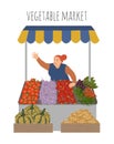 Local market farmer selling vegetables produce on stall with awning. Modern flat style vector illustration isolated on white Royalty Free Stock Photo