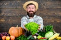 Local market. Locally grown crops concept. Buy vegetables local farm. Typical farmer guy. Farm market harvest festival Royalty Free Stock Photo