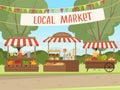 Local market. People shopping healthy fresh food vegetables fruit meat grocery stores organic products vector background Royalty Free Stock Photo