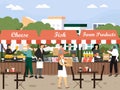 Local market place. People buying cheese, meat, fish, flat vector illustration. Eco farm natural organic food products