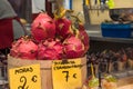 Local market stall, exotic dragon fruits for sale Royalty Free Stock Photo