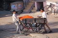 Local men pushing cart with tomatoes in Jaipur, Rajasthan, India