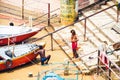 Local old men going for the water to the Ganges river in Varanasi, India Royalty Free Stock Photo