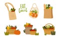 Local Organic Food and Eco Products in Basket and Shopping Bags Vector Set
