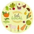 Local organic production icons set. Farm animals, fruits and vegetables isolated vector Royalty Free Stock Photo