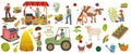 Local organic production icons set. Farmers do agricultural work, planting, gathering crops and sell food. Woman milks a cow and p