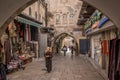 The local people and small stores are on the streets of Muslim Quarter in Jerusalem Old City.