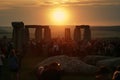 Local people and tourist celebrating summer Solstice at Stonehenge. Generative Ai