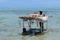 Local seller with his floating stand offering souvenirs to tourists relaxing on the beach. Seasonal activity, business.