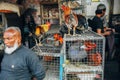 A local selling live chickens at the street market in Delhi, India.