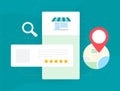 Local SEO Strategy for small businesses concept. Local Business Listings with Map and Ratings Icons for Nearby Places. Search