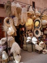 Local shop selling lamps and braided goods in souk of Medina. Marrakech, Morocco. Royalty Free Stock Photo
