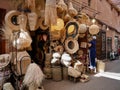 Local shop selling lamps and braided goods in souk of Medina. Marrakech, Morocco. Royalty Free Stock Photo