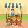Local stall market. Selling vegetables. Flat vector illustration