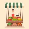 Local stall market. Selling vegetables. Flat vector illustration