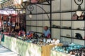 Armenia, Yerevan, September 2021. Vendor of local souvenirs and flags at the Vernissage market.