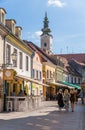 Local street with historic church tower in Zagreb capital of croatia Royalty Free Stock Photo