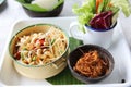 Local Thai food somtum with pork amd sticky rice Royalty Free Stock Photo