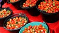 Local thai market with fresh harvest strawberries. Strawberry season Royalty Free Stock Photo