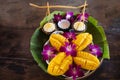 Local thai snacks dessert of specially cooked Mango and sweet glutinous sticky rice served on utensil retro vintage style tea time Royalty Free Stock Photo