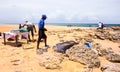 Local tour guides grilling seafood with sandy ocean view in Mozambique