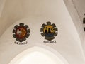 Local Town coats of arms in the Cloth Hall on the main Market Square in Krakow, Poland is a haven for shopping