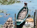 Local traditional fishing long tail boat of fisherman in lake river in nature, Phatthalung, Thailand