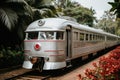 Local train on railway with green trees tunnel corridor Royalty Free Stock Photo