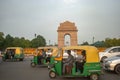 Local transportation Auto Rickshaw in front of the India Gate at New Delhi, India