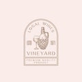 Local Wines Vineyard Modern Frame Sign or Logo Template. Hand Drawn Wicker Bottle and Glass Sketches with Classy