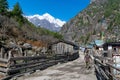 Local Woman walking on wooden bridge in Chame town, under Annapurna circuit trek, Nepal