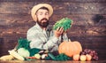 Locally grown crops concept. Buy vegetables local farm. Typical farmer guy. Farm market harvest festival. Man mature Royalty Free Stock Photo