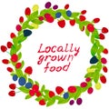 Locally grown food card banner design, copy space, Round wreath with Cherry Strawberry Raspberry Blackberry Blueberry Cranberry