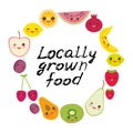 Locally grown food. Card banner design round frame Kawaii strawberry, orange, banana cherry, lime lemon kiwi, plums, apples,