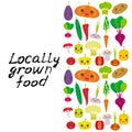 Locally grown food. Kawaii vegetables bell peppers pumpkin beets carrots eggplant red hot peppers cauliflower broccoli potatoes Royalty Free Stock Photo