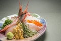 Locally produced pork Furong with grilled Gozen, shrimp, fish fillet and salmon roe Royalty Free Stock Photo