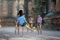 Locals play with kicking ball chinlon in the popular game sepak takraw